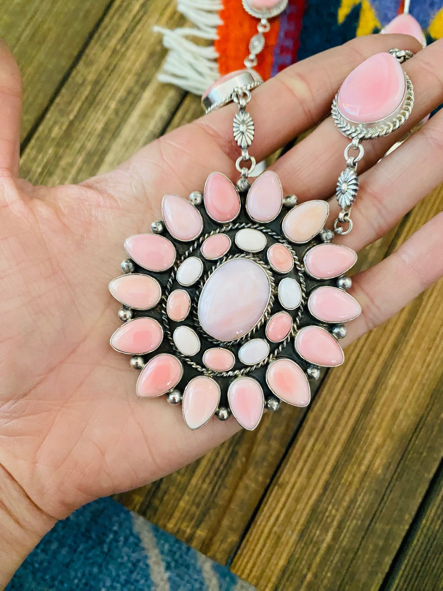 Handcrafted Pink Conch And Sterling Silver Necklace Earrings Set Signed Phyllis Smith