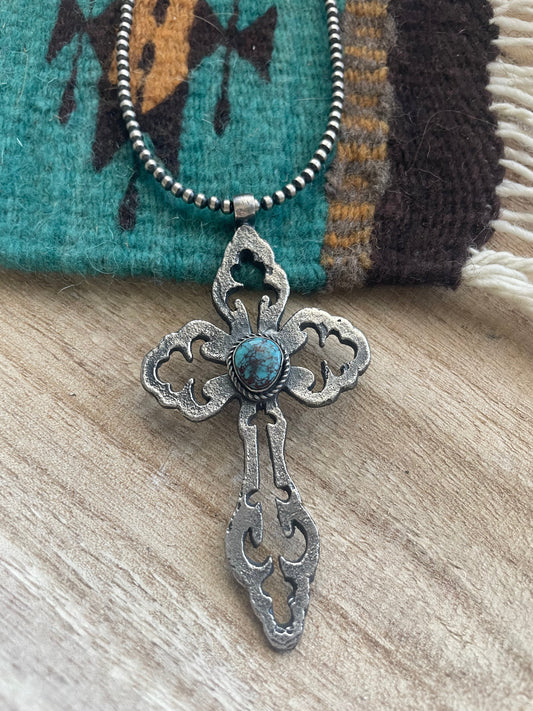 Handcrafted Sterling Silver & Turquoise Cross Pendant Signed Eugene Mitchell