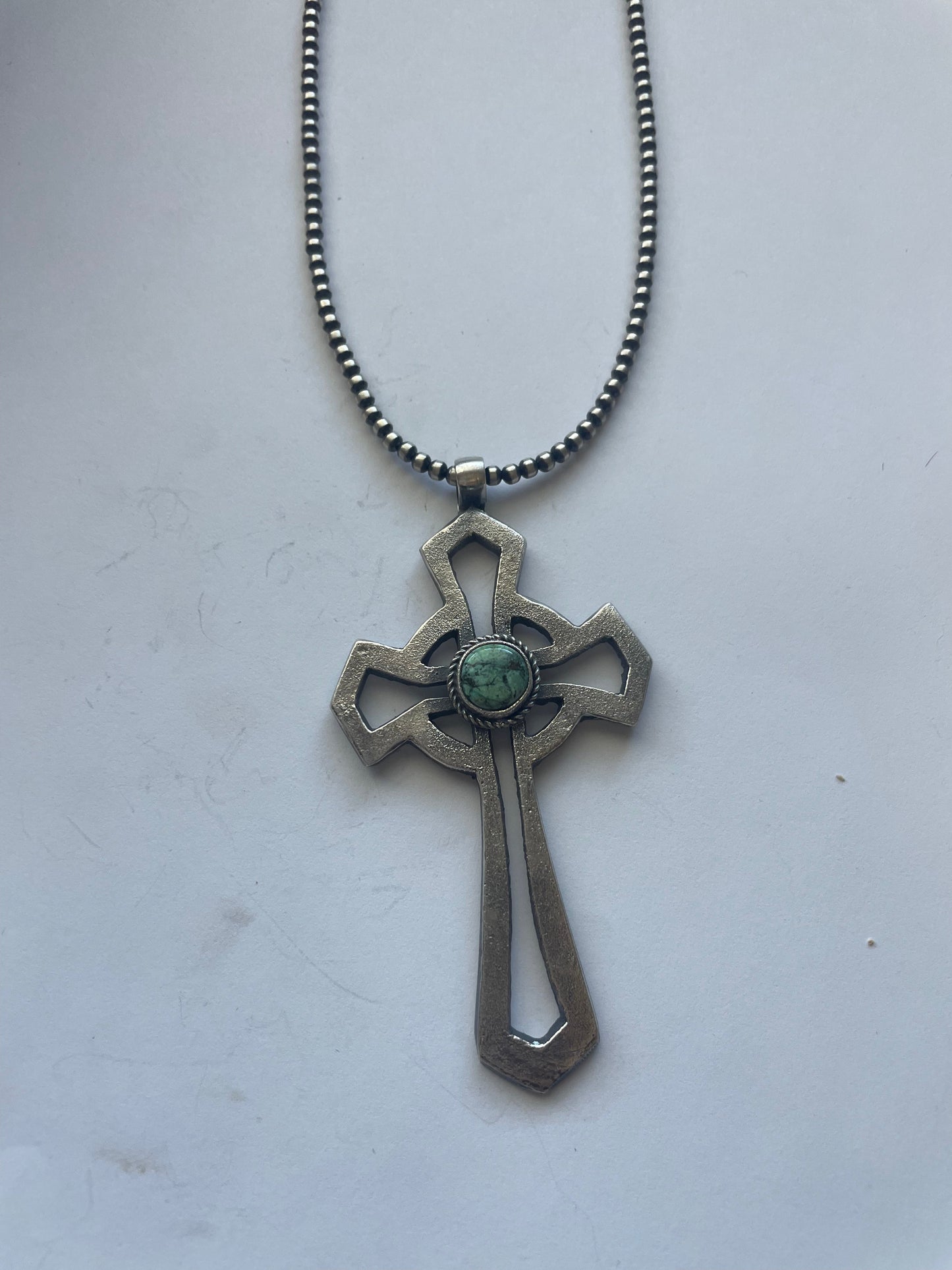 Handcrafted Sterling Silver & Turquoise Cross Pendant Signed Eugene Mitchell