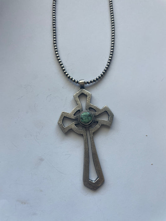Handcrafted Sterling Silver & Turquoise Cross Pendant Signed Eugene Mitchell
