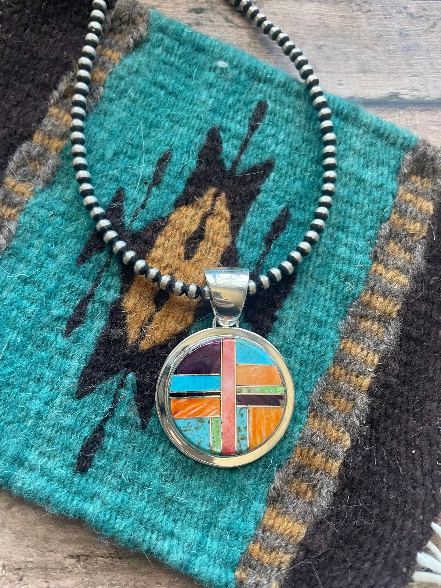 Handcrafted Multi Stone Inlay & Sterling Silver Circle Pendant