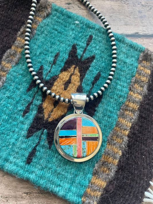 Handcrafted Multi Stone Inlay & Sterling Silver Circle Pendant