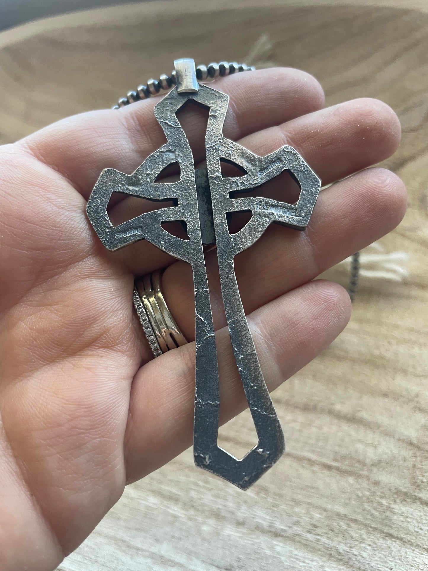 Handcrafted Sterling Silver & Turquoise Cross Pendant Signed Eugene Mitchell