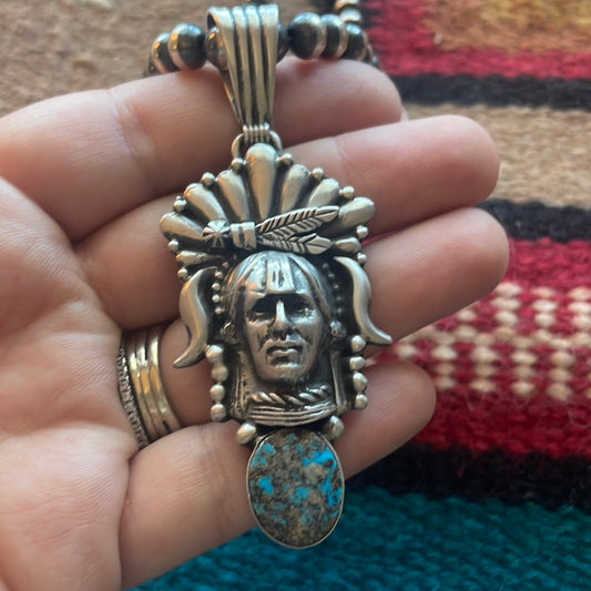 Beautiful Handcrafted Sterling Silver & Turquoise Chief Pendant Signed Russell Sam