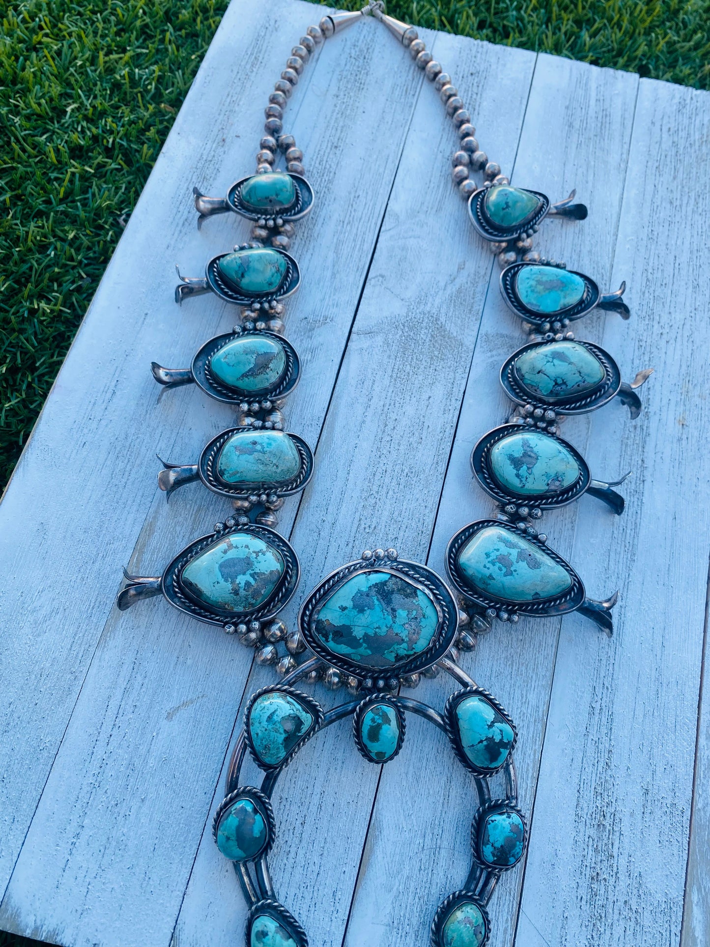 Vintage Navajo Turquoise & Sterling Silver Jumbo Squash Blossom Necklace