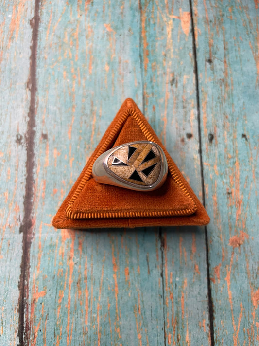 Old Pawn Handcrafted Sterling Silver, Tiger Eye & Onyx Ring Size 11