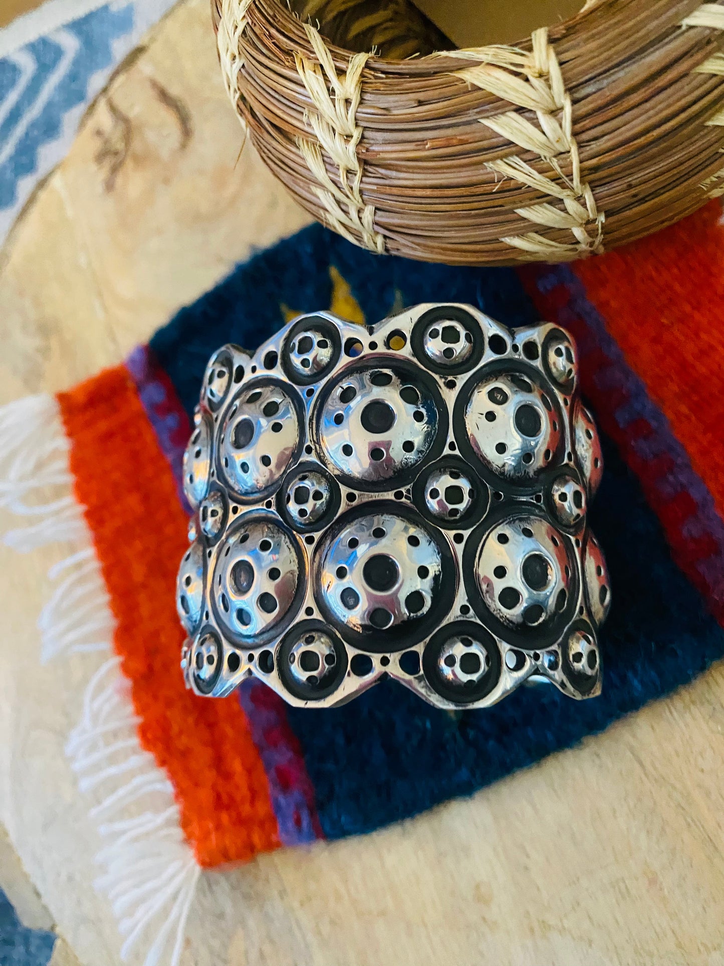 Navajo Hand Stamped Ball Sterling Silver Cuff Bracelet