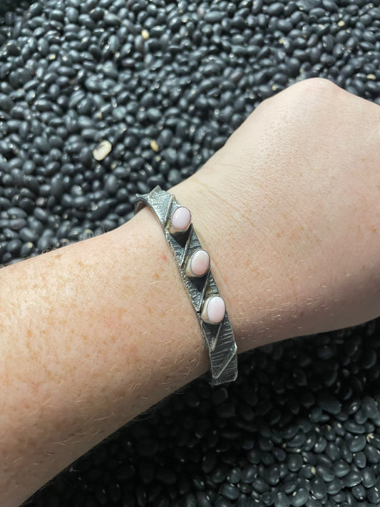 Handcrafted Pink Conch & Sterling Silver Tufa Cast Cuff Bracelet Signed