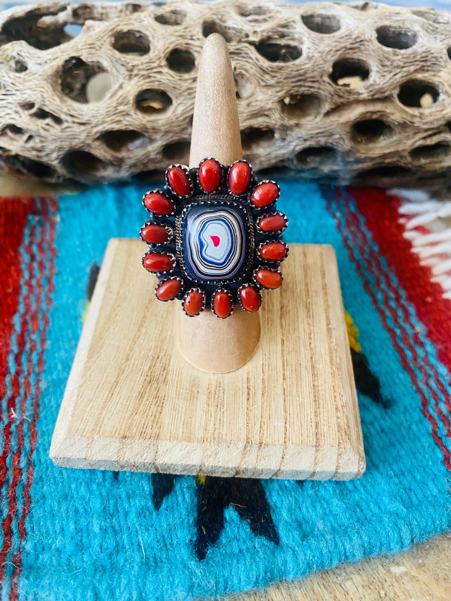 Handmade Sterling Silver, Fordite & Coral Cluster Adjustable Ring