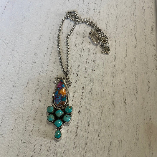 Handmade Turquoise, Pink Dream & Sterling Silver Necklace Signed Nizhoni