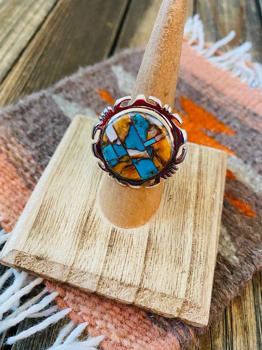 Handcrafted Sterling Silver & Multi Stone Spice Inlay Ring Size 6.5