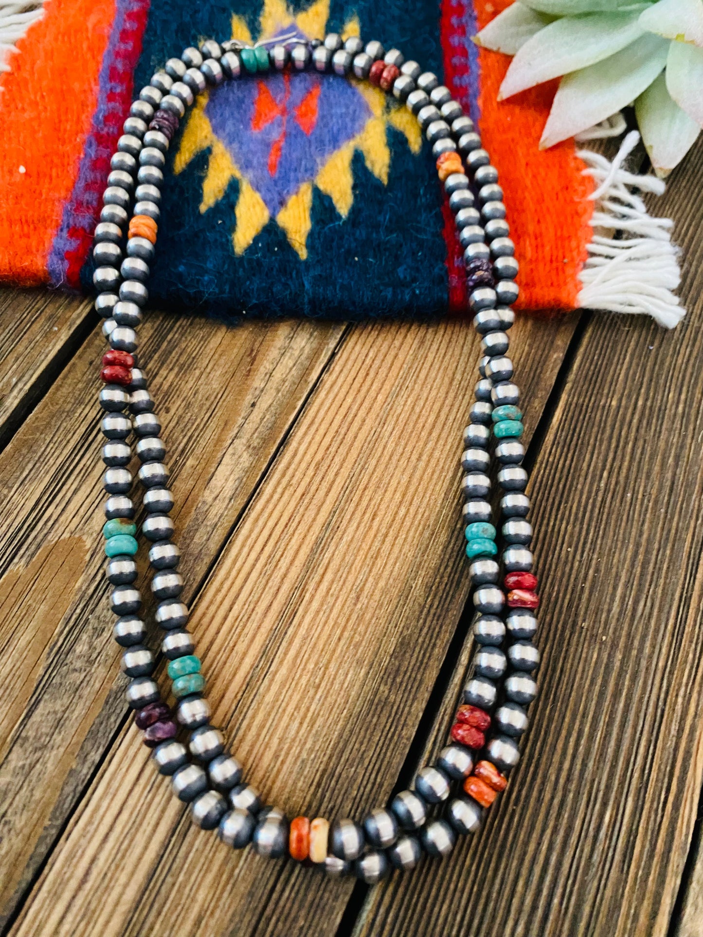 Handcrafted Multi Stone & Sterling Silver Pearl Beaded 36” Necklace