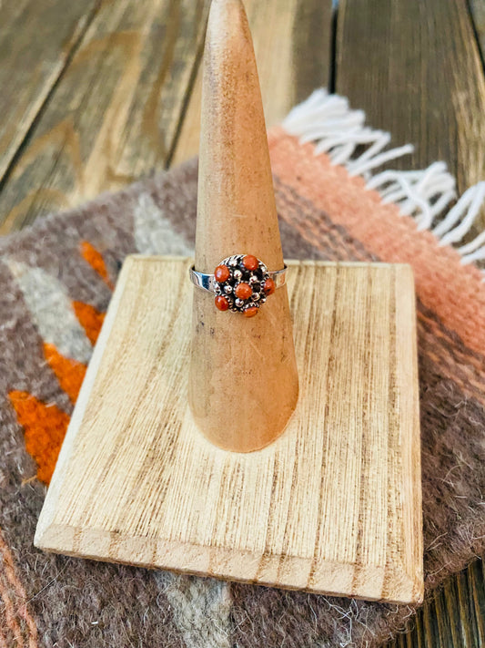 Handcrafted Sterling Silver & Red Coral Petit Point Ring