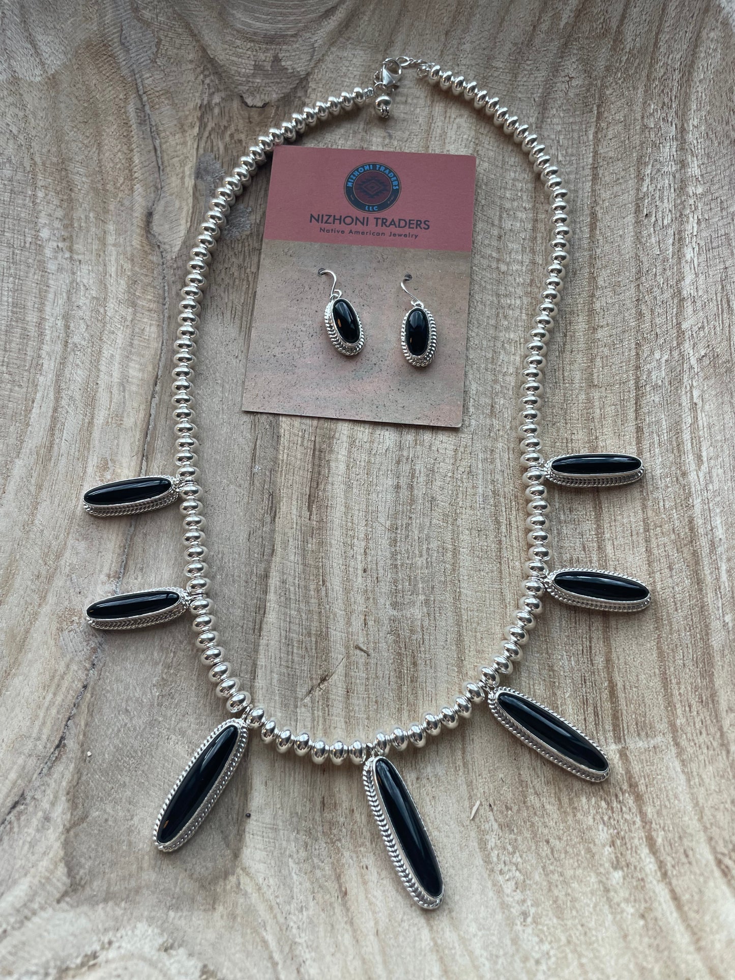 Handcrafted Sterling Silver & Black Onyx Necklace & Earring Set Signed