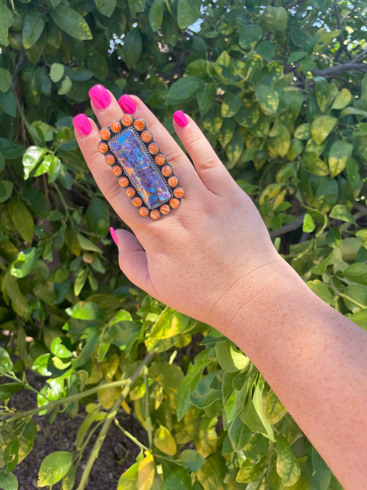 Handcrafted Orange Spiny, Purple Dream & Sterling Silver Adjustable Ring Signed P Yazzie