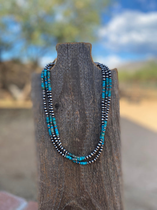 Handcrafted 3 Strand Kingman Turquoise & Sterling Beaded 18 inches