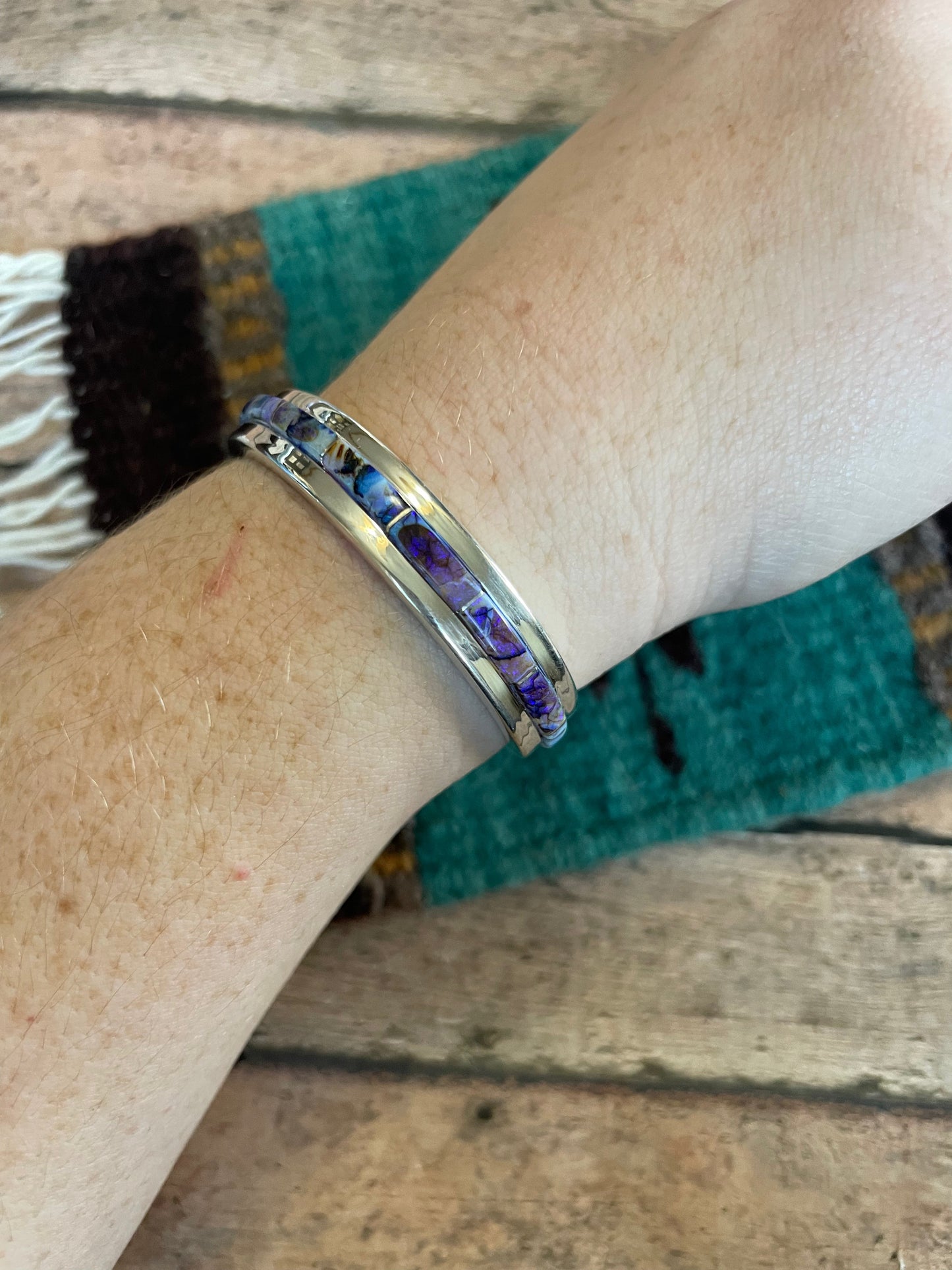 Handcrafted Handmade Sterling & Blue Opal Web Inlay Cuff Bracelet /
