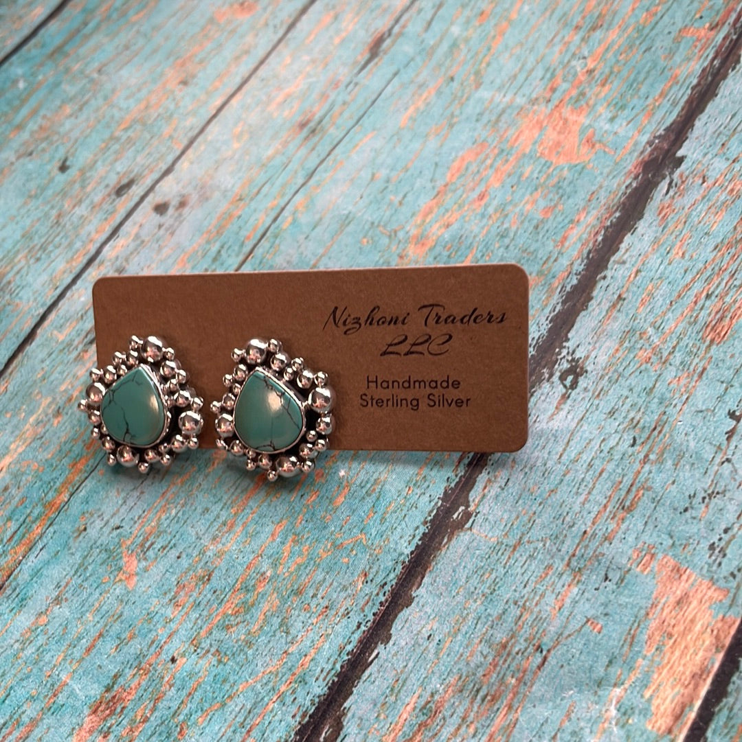 Handmade Turquoise and Sterling Silver Tear Drop or Oval Stud Earrings Signed Nizhoni
