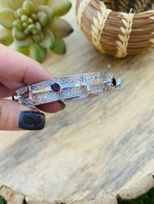 Handcrafted Red Garnet Cross Sterling Silver Bangle Signed