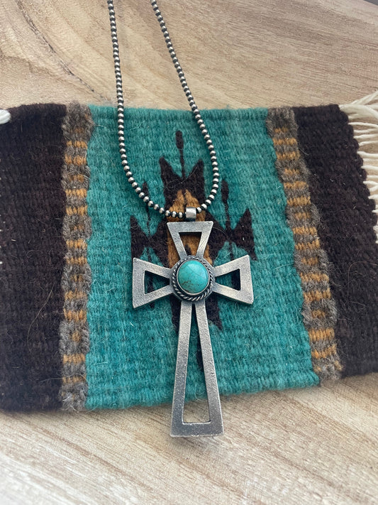Handcrafted Sterling Silver & Turquoise Cross Pendant Signed Eugene Mitchell