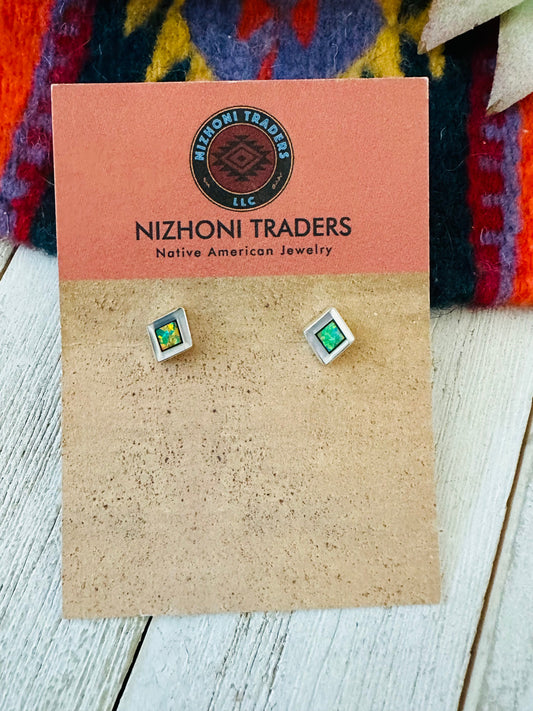 Handcrafted Mother of Pearl Green Opal & Sterling Silver Diamond Inlay Stud Earrings