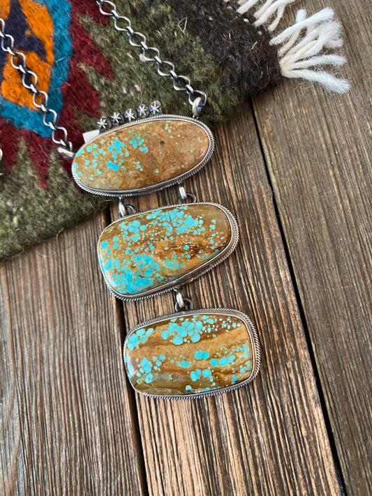 Handcrafted Sterling Silver & Number 8 Turquoise Lariat Necklace Signed
