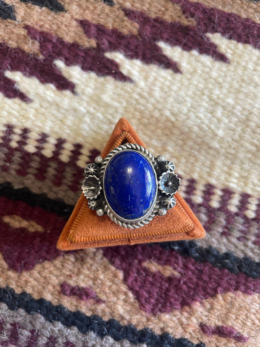 Handcrafted Lapis & Sterling Silver Flower Ring