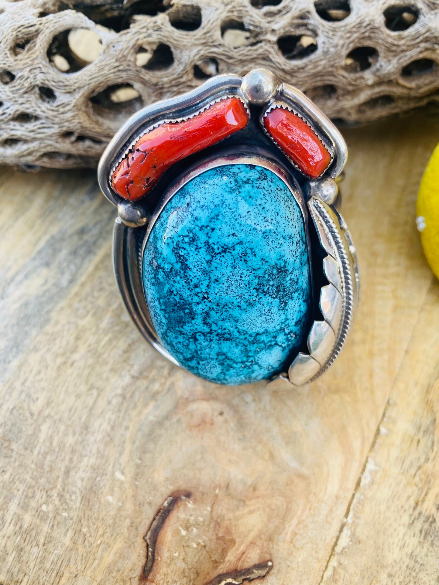 Handcrafted Incredible Bisbee Turquoise, Coral & Sterling Silver Jumbo Cuff Bracelet /