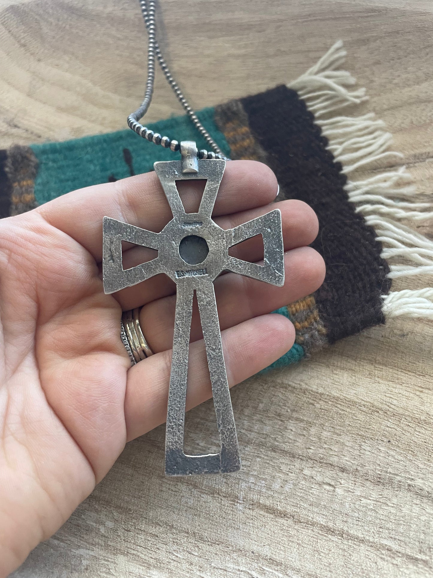 Handcrafted Sterling Silver & Turquoise Cross Pendant Signed Eugene Mitchell