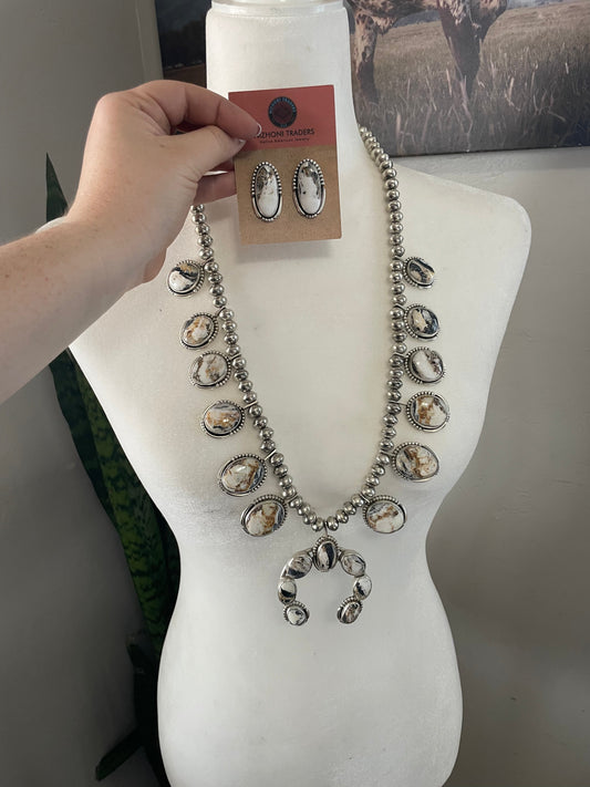Handcrafted Sterling Silver & White Buffalo Squash Blossom Necklace & Earrings Set Signed