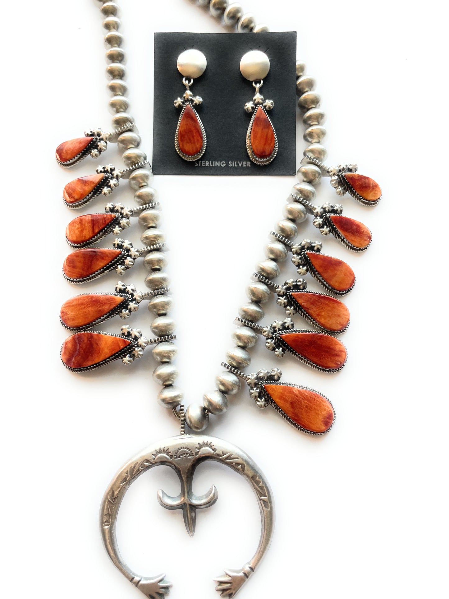 Handcrafted Orange Spiny And Sterling Silver Squash Blossom Necklace Earrings Set By Selena Warner