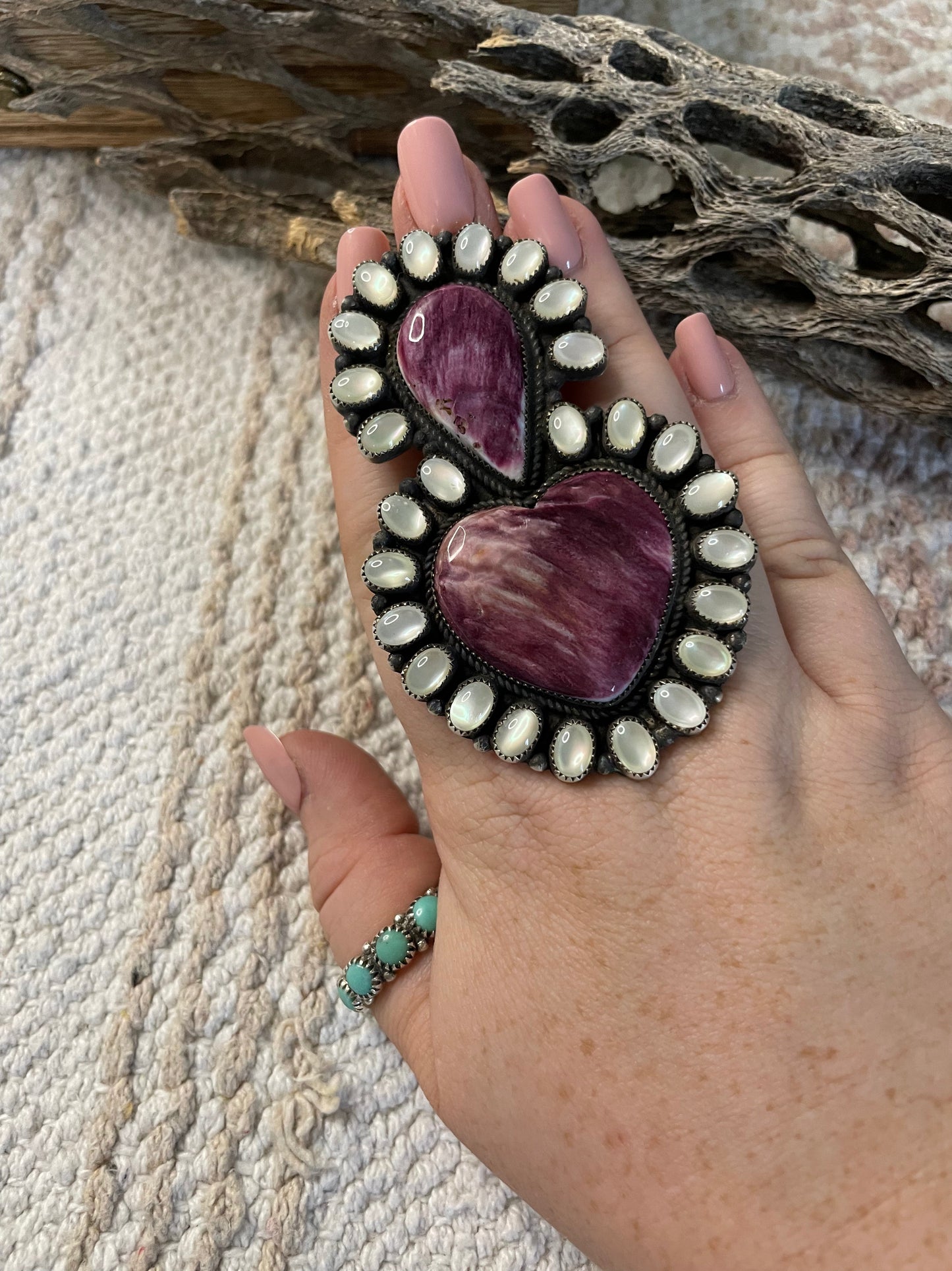 Handcrafted Mother Of Pearl And Purple Spiny Sterling Silver Adjustable Ring