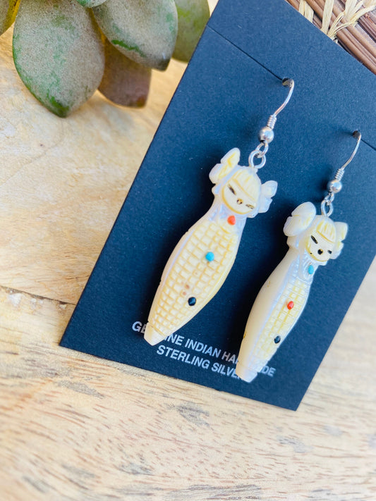 Vintage Handcrafted Hand Carved Mother of Pearl Corn Maiden Fetish Earrings