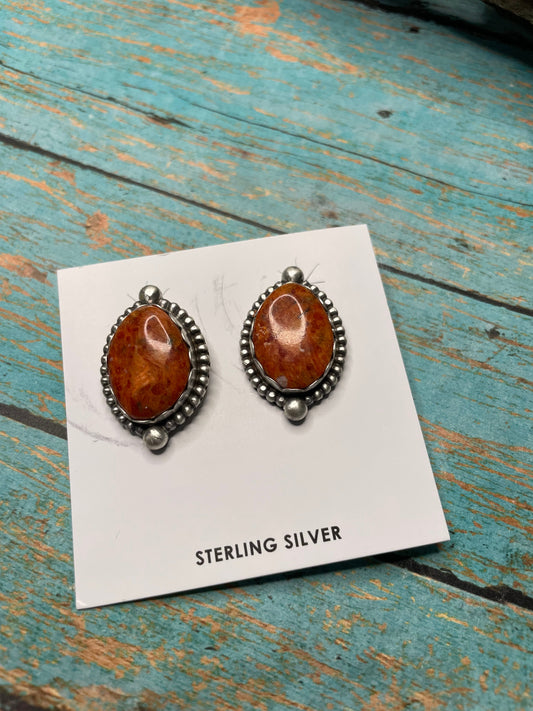Handcrafted Apple Coral And Sterling Silver Post Earrings Signed