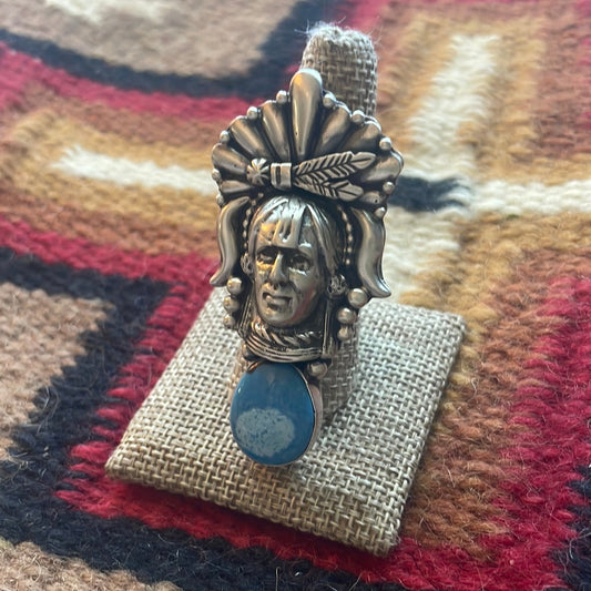 Beautiful Handcrafted Sterling Silver & Turquoise Chief Adjustable Ring Signed Russell Sam