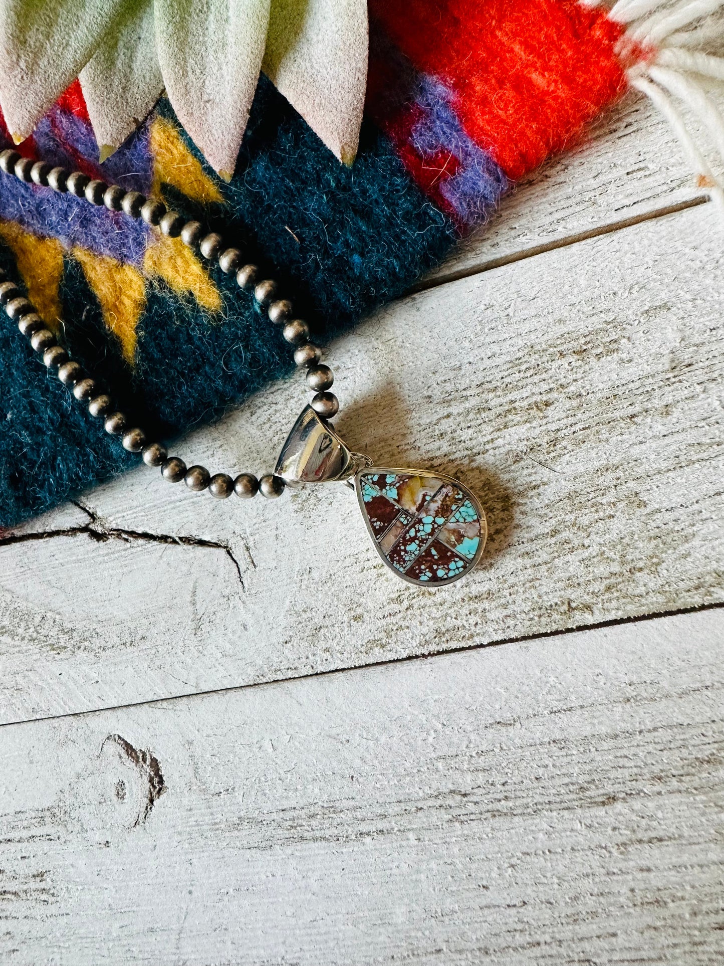 Handcrafted Number 8 Turquoise & Sterling Silver Teardrop Inlay Pendant