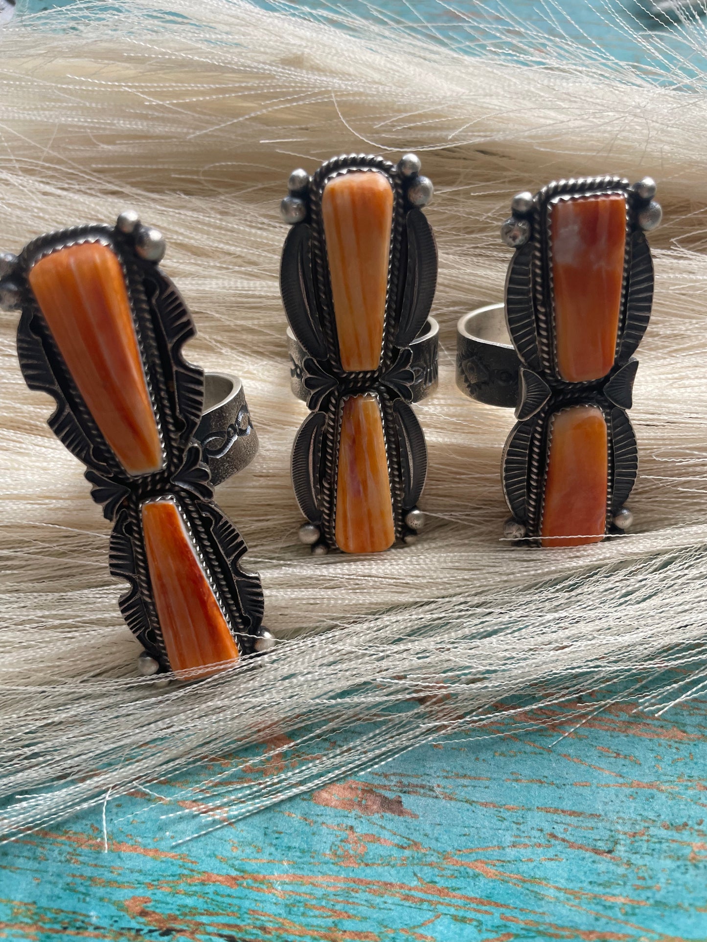 Kevin Billah Navajo Sterling & 2 Stone Orange Spiny Ring Adjustable