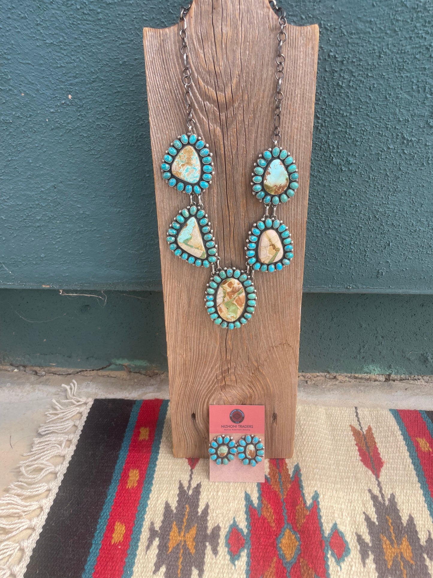 Handcrafted Sterling Silver Turquoise Necklace & Earring Set Signed B Yellowhorse