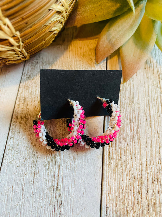 Handcrafted Handmade Beaded Hoop Earrings- pink