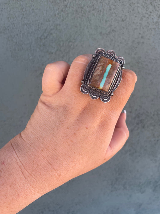 Handcrafted Sterling Silver & Turquoise Statement Ring Size 11