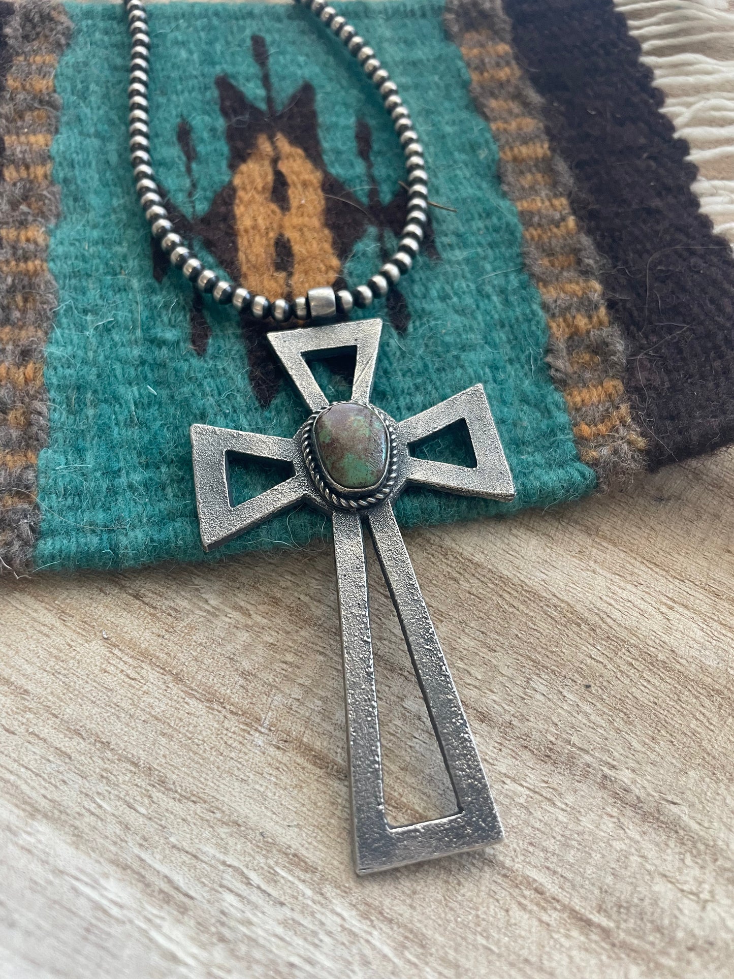 Handcrafted Sterling Silver & Turquoise Cross Pendant Signed Eugene Mitchell