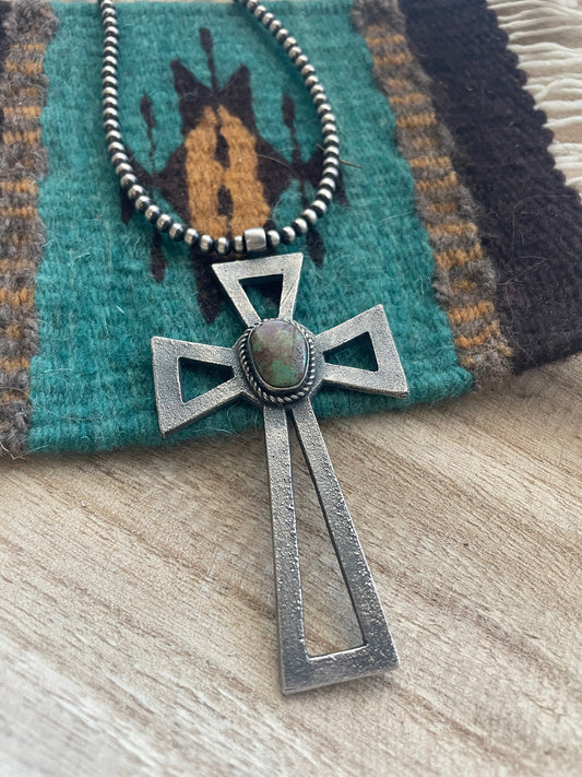 Handcrafted Sterling Silver & Turquoise Cross Pendant Signed Eugene Mitchell