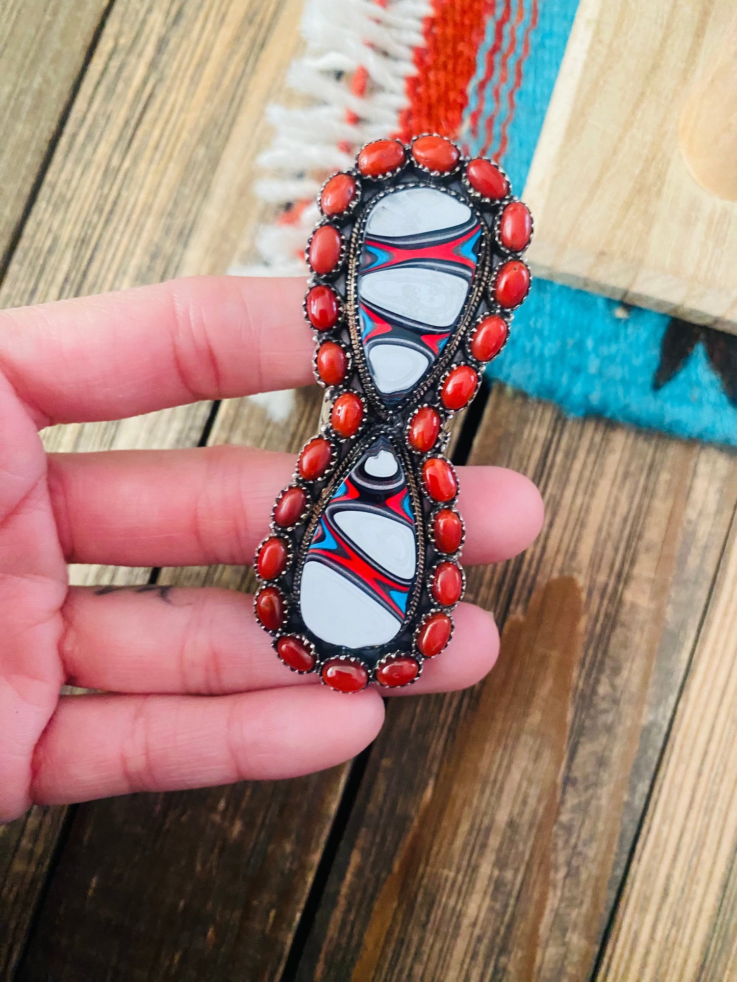 Handmade Sterling Silver, Fordite & Coral Cluster Adjustable Ring