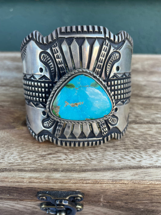 Handcrafted Stamped Turquoise And Sterling Silver Cuff Bracelet By Elvira Bill