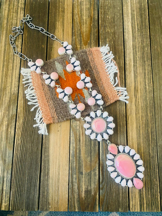Handcrafted Queen Pink Conch Shell And Sterling Silver Cluster Necklace