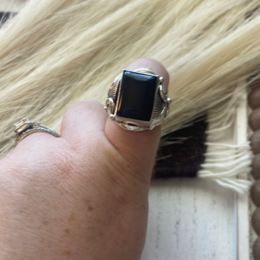 Handcrafted Sterling Silver & Black Onyx Rectangluar Ring Size 9