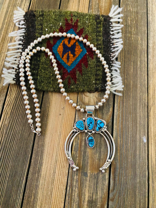 Handcrafted Sterling Silver & Kingman Turquoise Beaded Naja Necklace