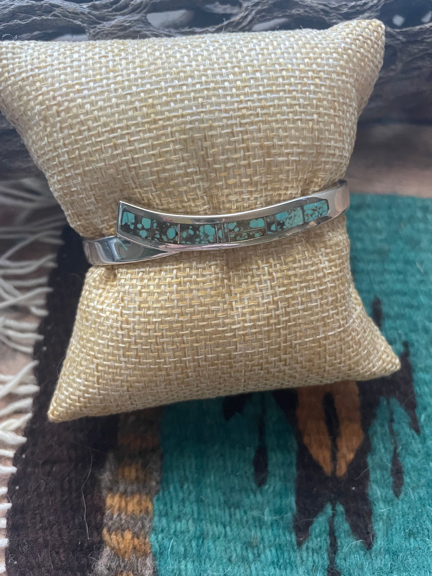 Handcrafted Handmade Sterling & Number 8 Turquoise Inlay Cuff Bracelet