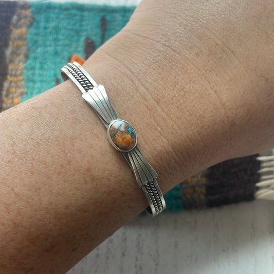 Handcrafted  Spice And Sterling Silver Single Stone Adjustable Cuff Bracelet
