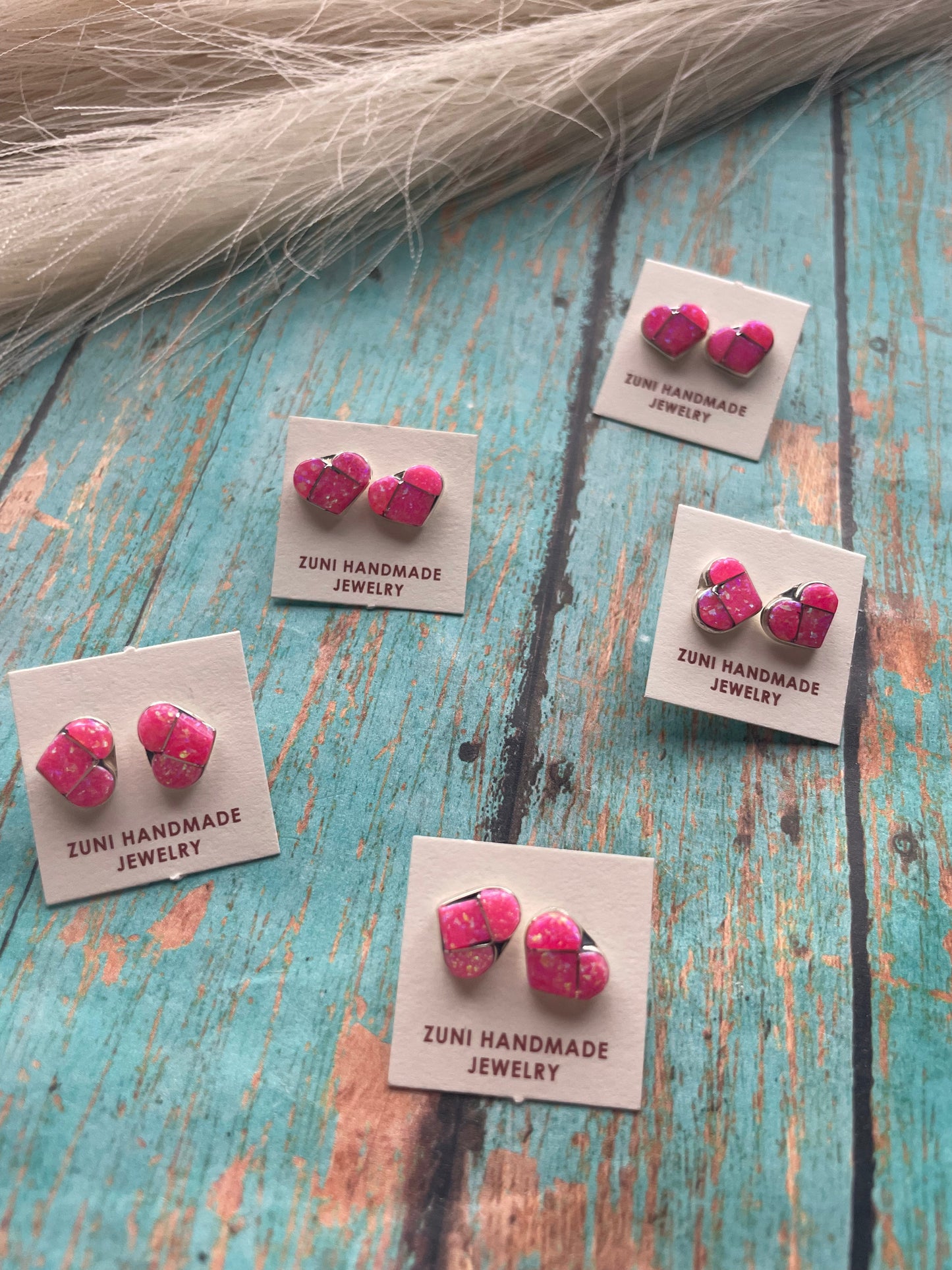 Handcrafted Sterling Silver & Pink Opal Inlay Heart Stud Earrings